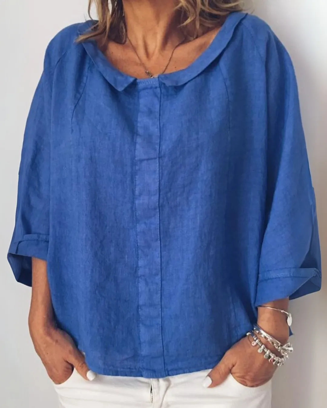 Blouse en Coton Légère à Col V Renversé – Manches Longues Amples