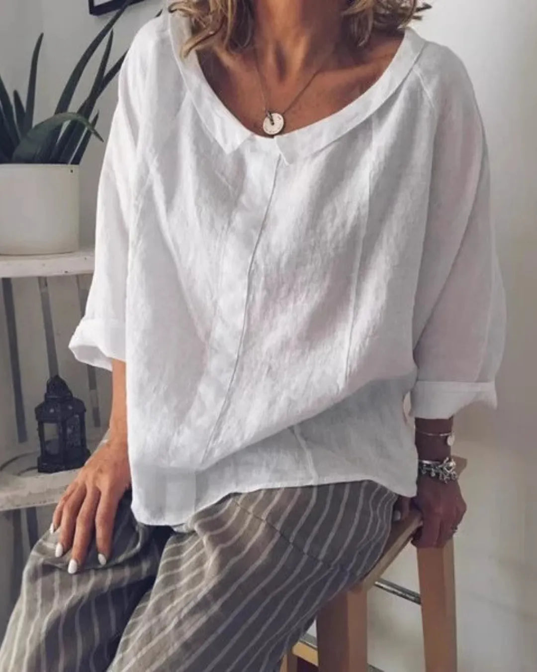 Blouse en Coton Légère à Col V Renversé – Manches Longues Amples
