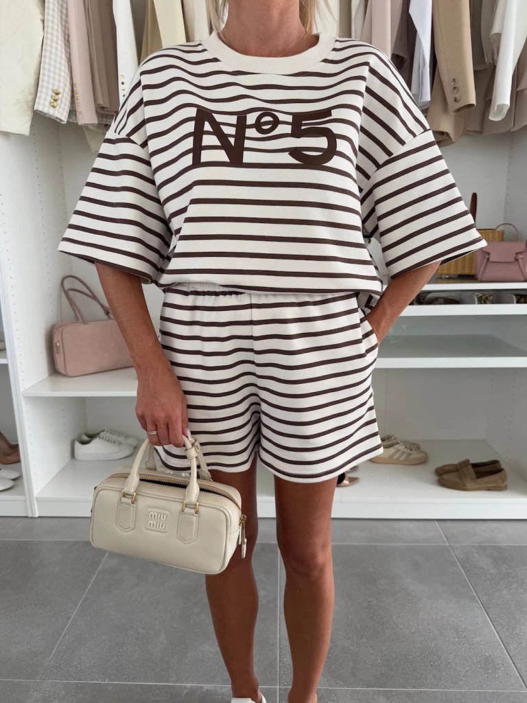 Summer Breeze – Oversized T-Shirt & Striped Shorts Set - Navy blue | Coziqe