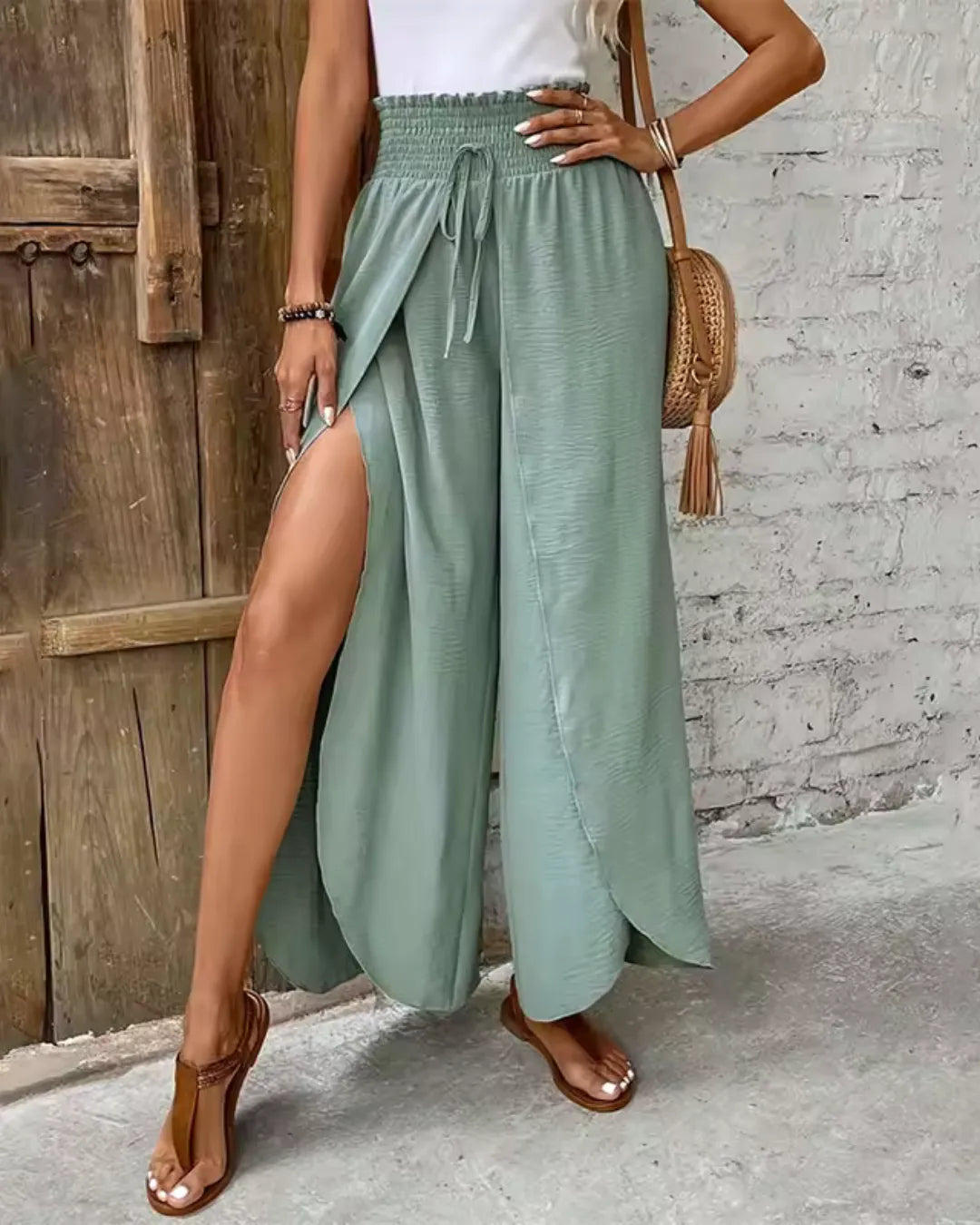 Pantalon Large Fendu Taille Haute