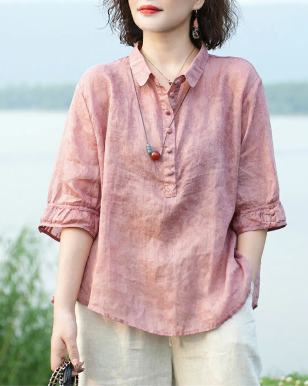 Blouse Col Chemise en Jacquard Léger