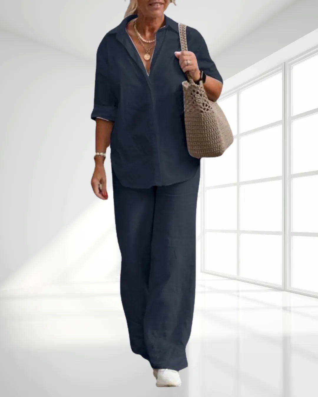Ensemble Lin Décontracté 2 Pièces – Chemise Large & Pantalon Long