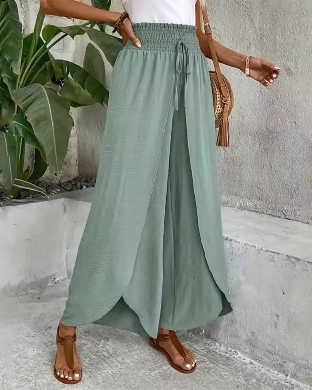 Pantalon Large Fendu Taille Haute