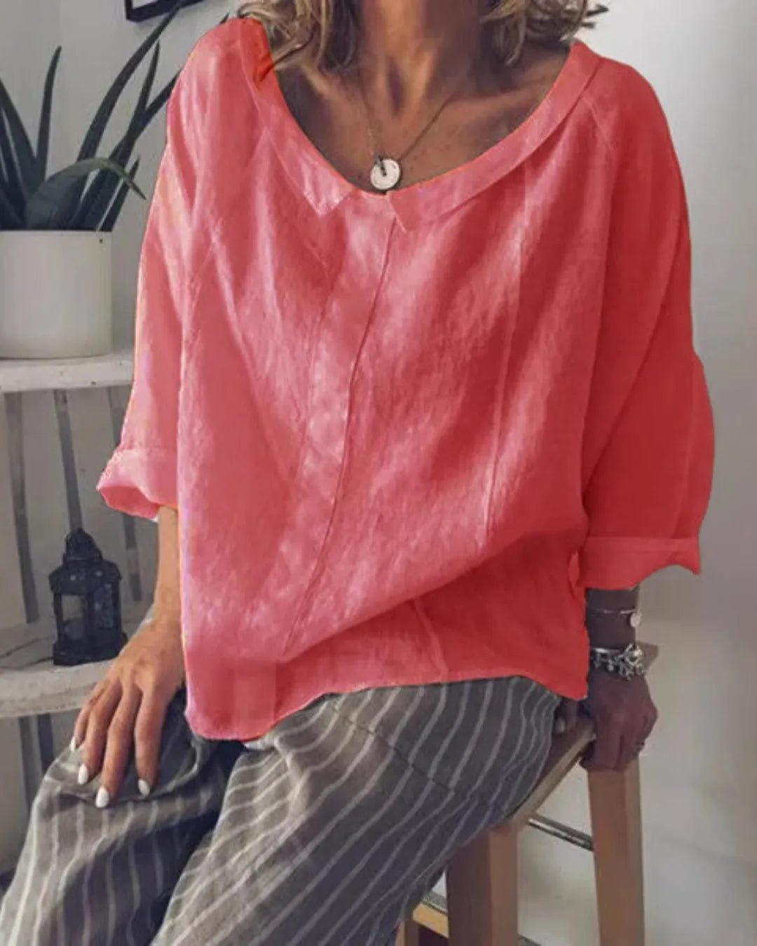 Blouse en Coton Légère à Col V Renversé – Manches Longues Amples