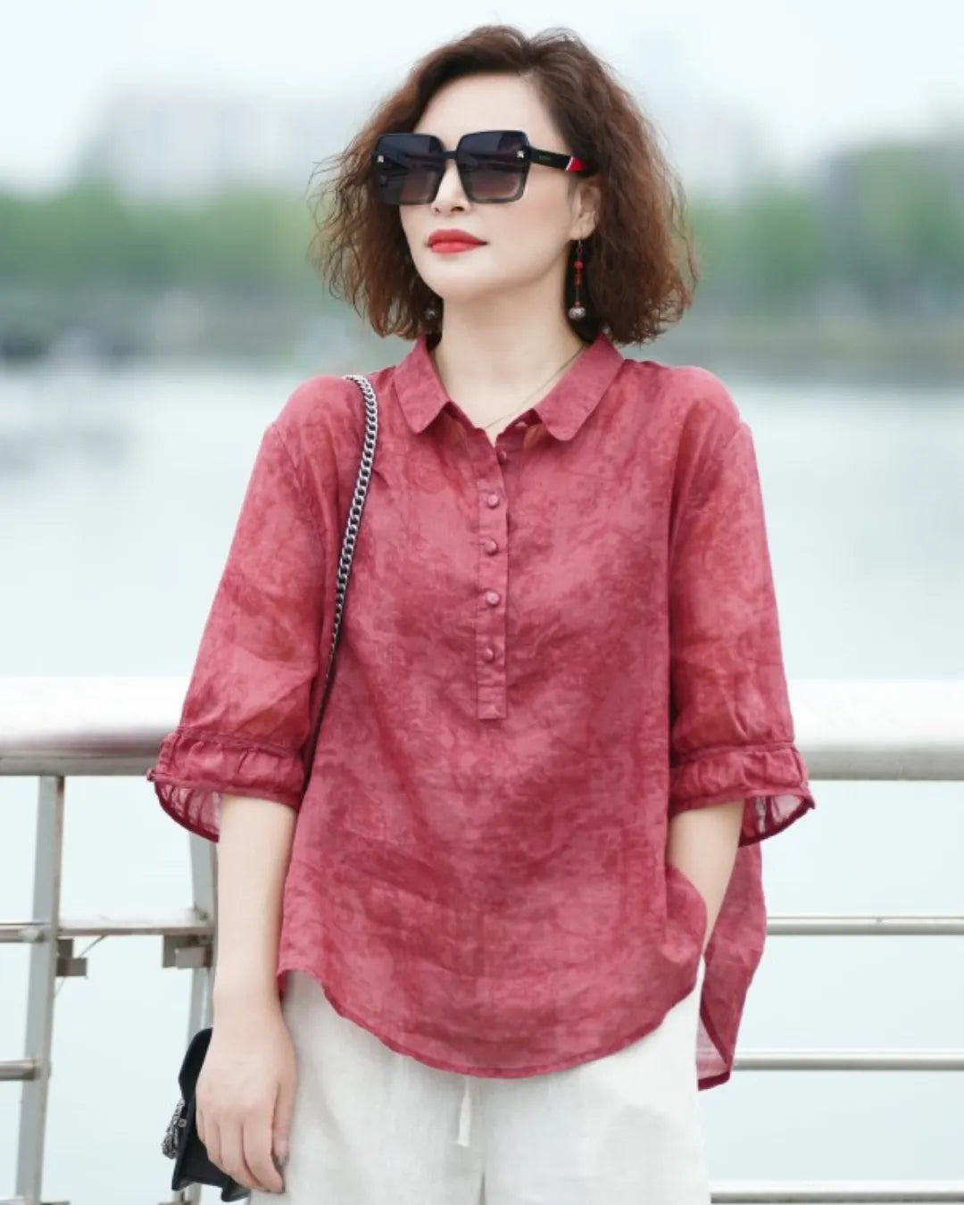 Blouse Col Chemise en Jacquard Léger