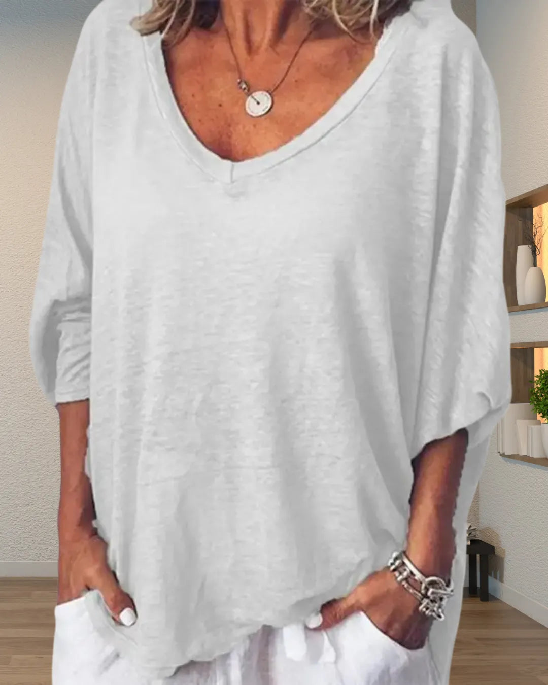 T-shirt ample col V manches 3/4 – léger & respirant