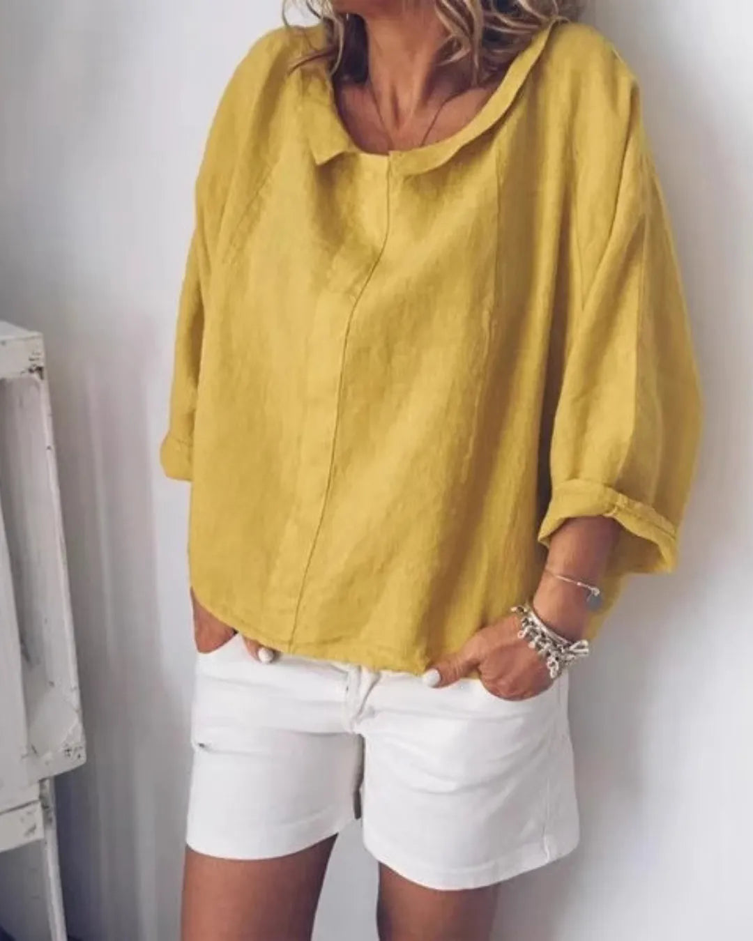 Blouse en Coton Légère à Col V Renversé – Manches Longues Amples