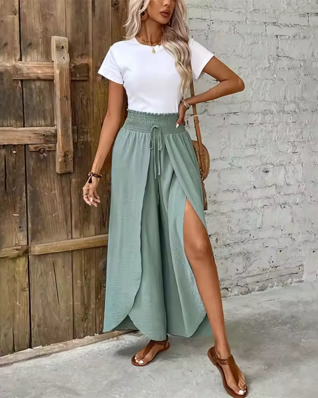 Pantalon Large Fendu Taille Haute