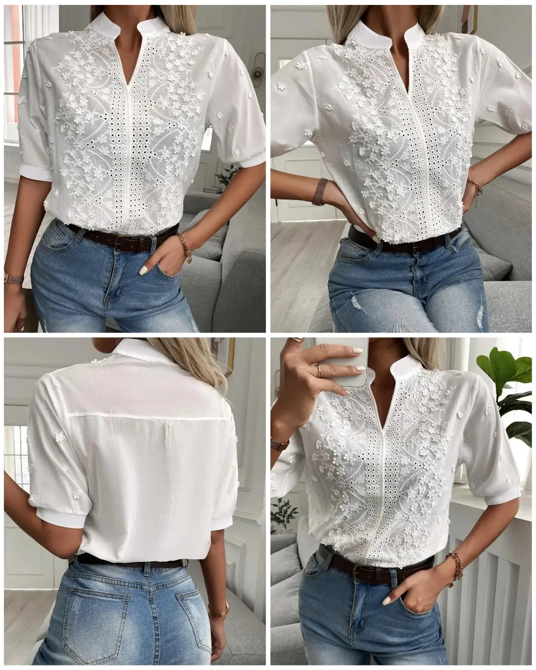 Blouse Brodée Col Montant en Coton Blanc