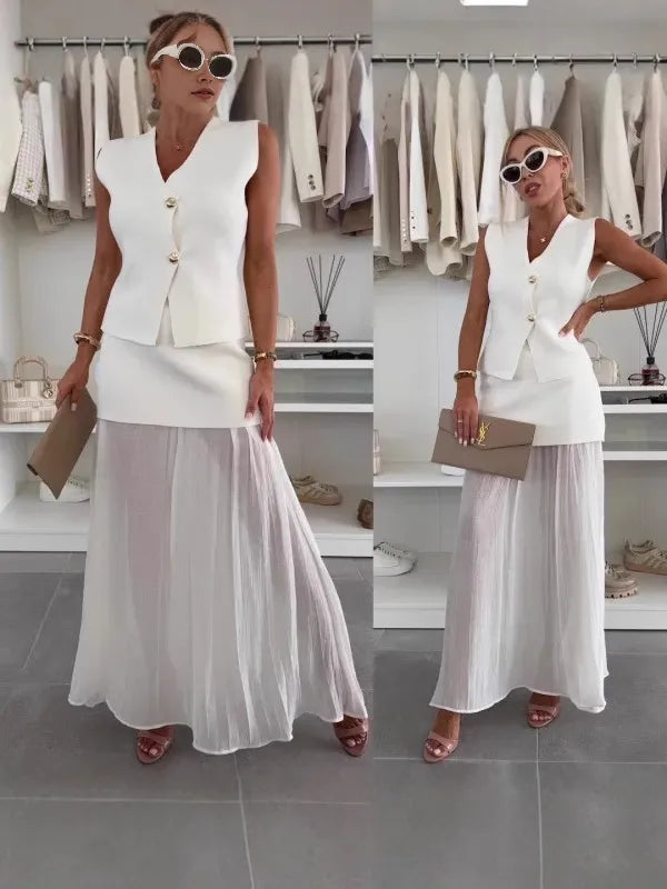 Ensemble Long Plissé Sans Manches