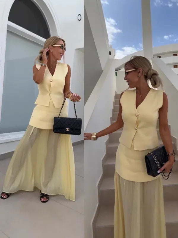 Ensemble Long Plissé Sans Manches