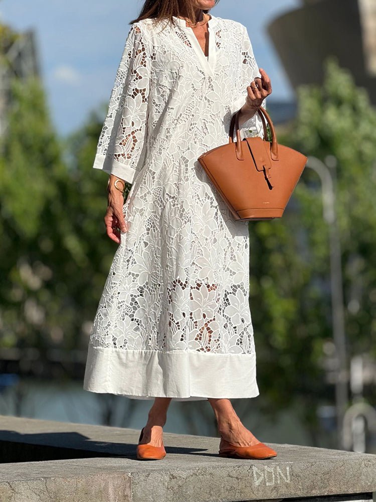 Céleste – Long Embroidered Dress - White | Coziqe