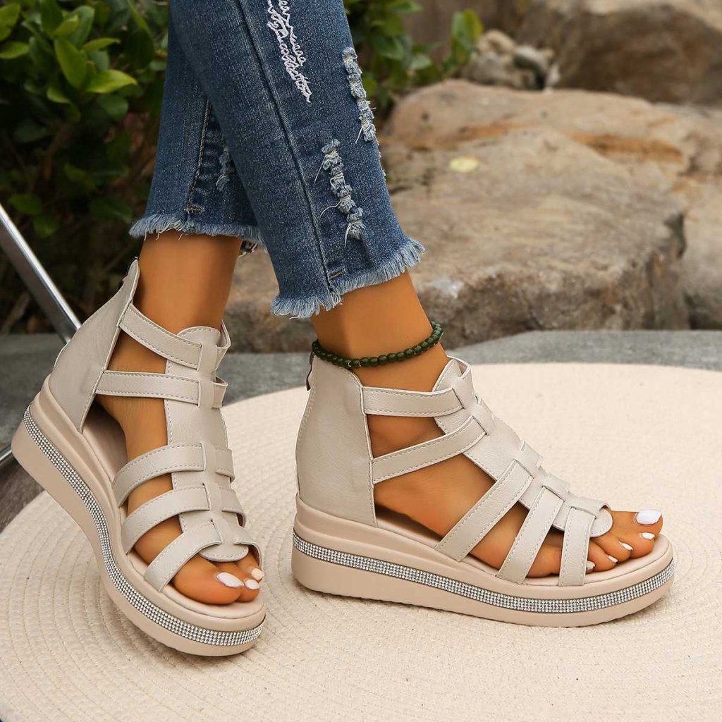 Irene | Rhinestone Wedge Sandals - Beige | Coziqe