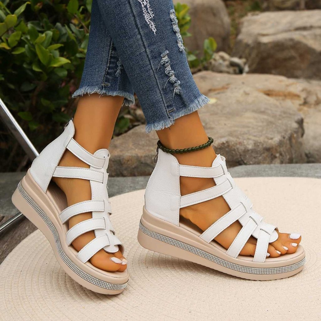 Irene | Rhinestone Wedge Sandals - Black | Coziqe