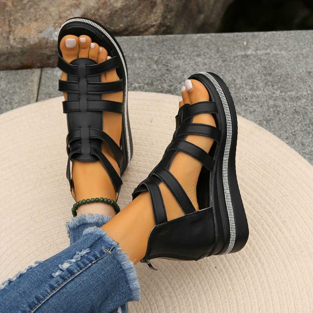 Irene | Rhinestone Wedge Sandals - Black | Coziqe