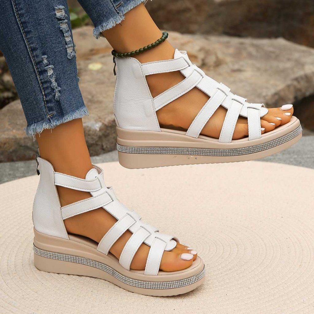 Irene | Rhinestone Wedge Sandals - Black | Coziqe