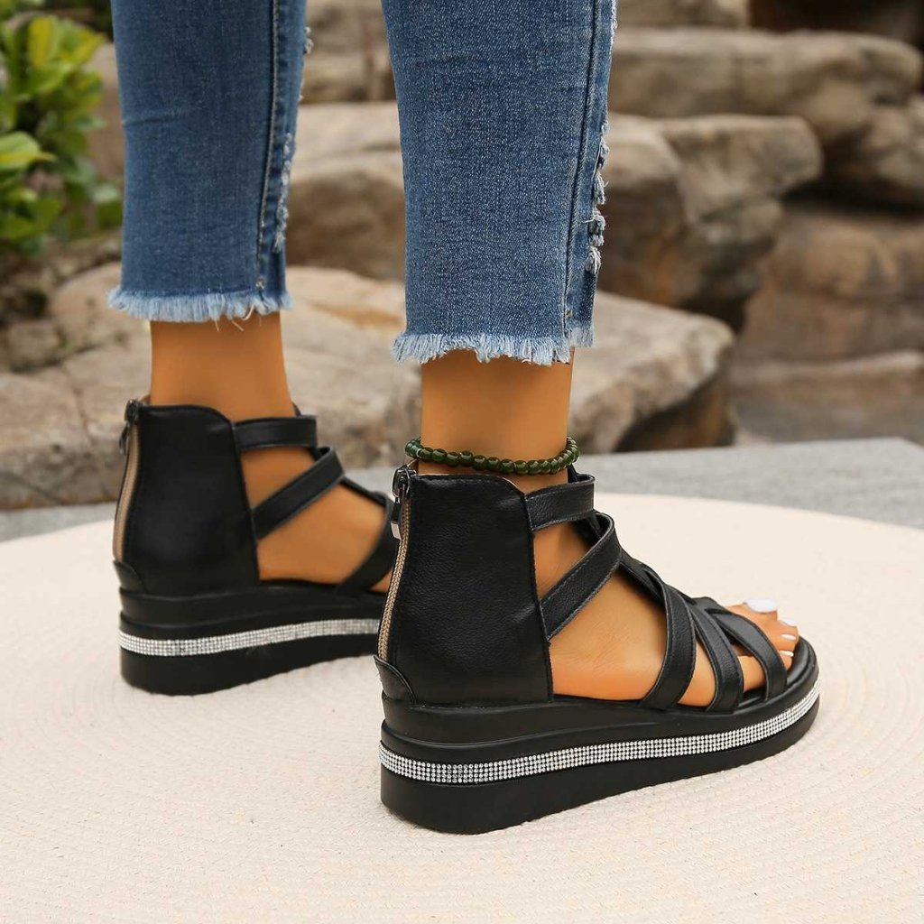 Irene | Rhinestone Wedge Sandals - Black | Coziqe