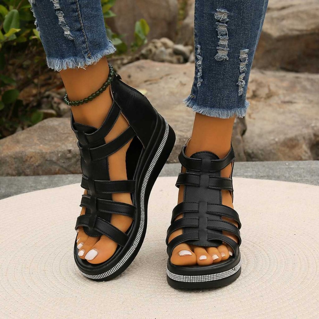 Irene | Rhinestone Wedge Sandals - Black | Coziqe