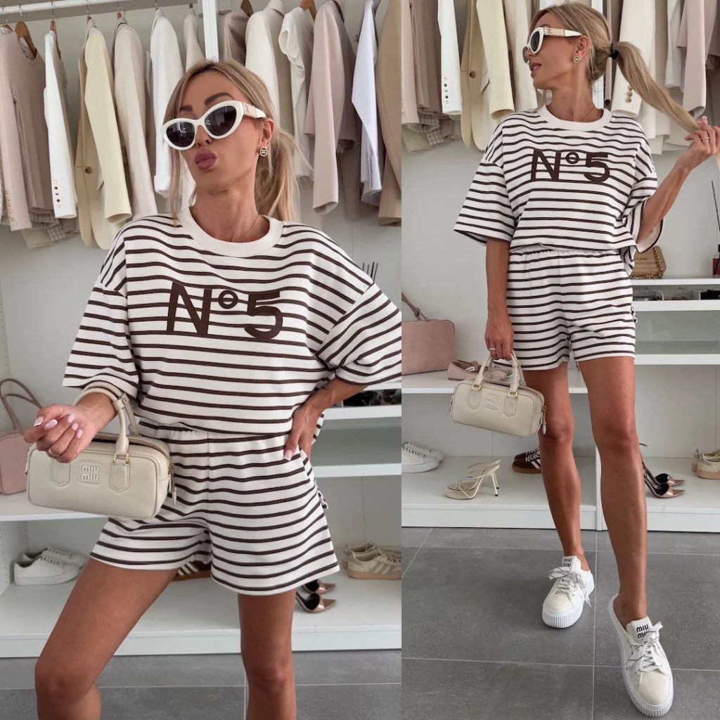 Summer Breeze – Oversized T-Shirt & Striped Shorts Set - Navy blue | Coziqe